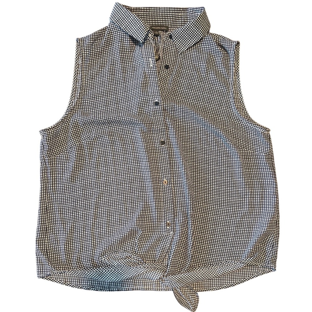 Adrianna Papell Navy White Gingham Sleeveless Front Tie Button Down Top L NEW